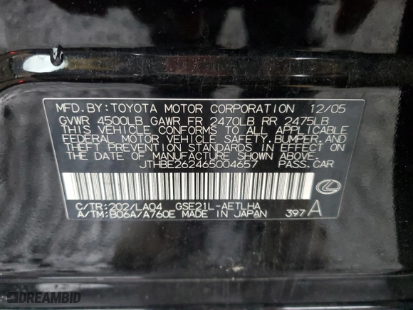 2006 Lexus IS 350 Auto with VIN JTHBE262465004657, listed as a Copart auction lot 47790775 with 117,697 mi miles and Salvage Title. Bid and sale history available at carsss.com. Image 13.