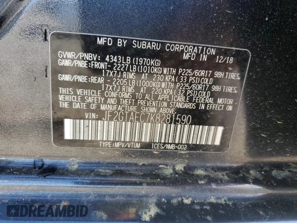2019 Subaru Crosstrek Premium z VIN JF2GTAEC7K8281590, wystawiony jako Copart lot #50263285 z przebiegiem 100 354 mil mil oraz Szkoda całkowita • Salvage title. Historia ofert i sprzedaży dostępna na DreamBid. Obrazek 15.