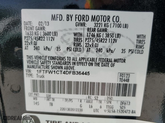 2013 Ford F-150 XL with VIN 1FTFW1CT4DFB36445, listed as a Copart auction lot 48150415 with 317,694 mi miles and Salvage Title. Bid and sale history available at carsss.com. Image 13.