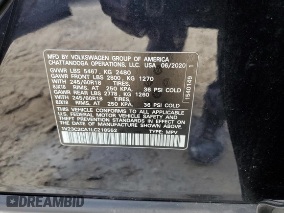2020 Volkswagen Atlas SE z VIN 1V23C2CA1LC218552, wystawiony jako Copart lot #54292103 z przebiegiem 29 805 mil mil oraz . Historia ofert i sprzedaży dostępna na DreamBid. Obrazek 13.