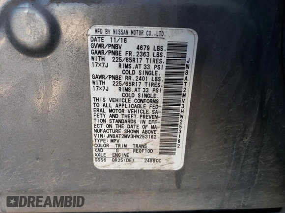 2017 Nissan Rogue S with VIN JN8AT2MV3HW253162, listed as a Copart auction lot 47687983 with 51,030 mi miles and . Bid and sale history available at DreamBid. Image 13.
