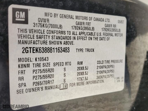 2008 GMC Sierra Denali with VIN 2GTEK638881163483, listed as a Copart auction lot 49830245 with 144,296 mi miles and Salvage Title. Bid and sale history available at carsss.com. Image 13.