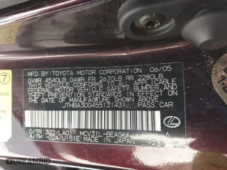 2005 Lexus ES 330 with VIN JTHBA30G455131431, listed as a IAAI auction lot 41900309 with 1 mi miles. Bid and sale history available at carsss.com. Image 9.