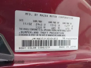 2003 Mazda MX-5 Miata Cloth with VIN JM1NB353130304852, listed as a IAAI auction lot 42145498 with Not provided miles and . Bid and sale history available at DreamBid. Image 9.