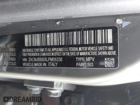 2020 Jeep Renegade Latitude with VIN ZACNJBBBXLPM06330, listed as a IAAI auction lot 41601086 with 92,320 mi miles. Bid and sale history available at carsss.com. Image 9.