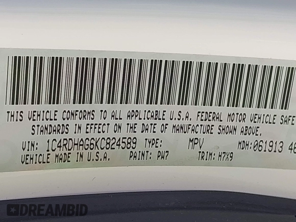 2019 Dodge Durango SXT Plus with VIN 1C4RDHAG6KC824589, listed as a IAAI auction lot 42431830 with 82,319 mi miles and . Bid and sale history available at DreamBid. Image 9.