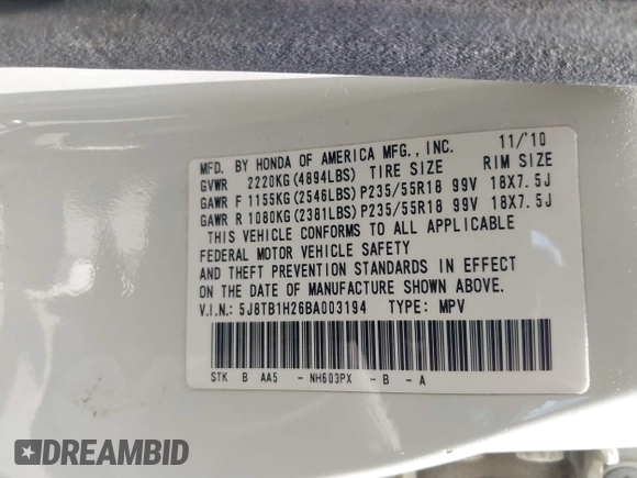 2011 Acura RDX with VIN 5J8TB1H26BA003194, listed as a IAAI auction lot 42561523 with 115,125 mi miles and . Bid and sale history available at DreamBid. Image 9.