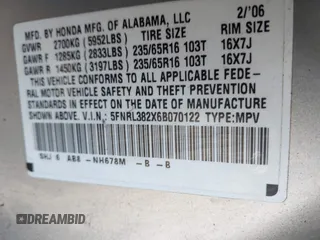 2006 Honda Odyssey LX with VIN 5FNRL382X6B070122, listed as a IAAI auction lot 41870970 with 243,026 mi miles. Bid and sale history available at carsss.com. Image 9.