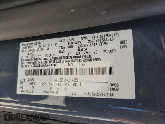 2020 Ford Transit Cargo z VIN 1FTBR3X86LKA48378, wystawiony jako Copart lot #52864655 z przebiegiem 119 031 mil mil oraz Szkoda całkowita • Salvage title. Historia ofert i sprzedaży dostępna na DreamBid. Obrazek 13.