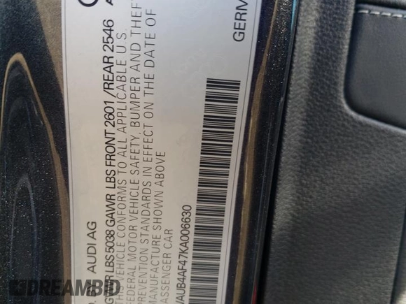 2019 Audi S4 Premium Plus with VIN WAUB4AF47KA006630, listed as a Copart auction lot 77640264 with 61,654 mi miles and Salvage Title. Bid and sale history available at carsss.com. Image 13.