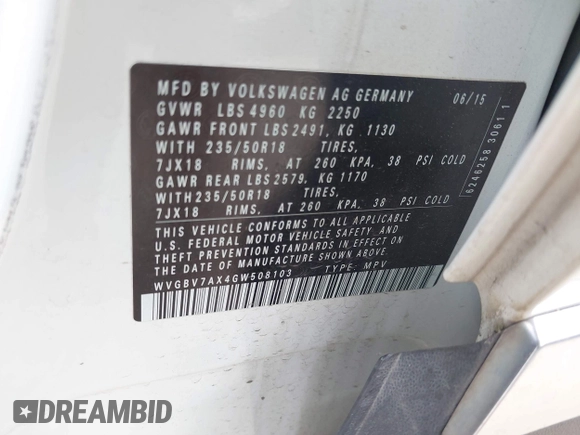 2016 Volkswagen Tiguan SE z VIN WVGBV7AX4GW508103, wystawiony jako IAAI lot #42473754 z przebiegiem 104 978 mil mil oraz . Historia ofert i sprzedaży dostępna na DreamBid. Obrazek 9.