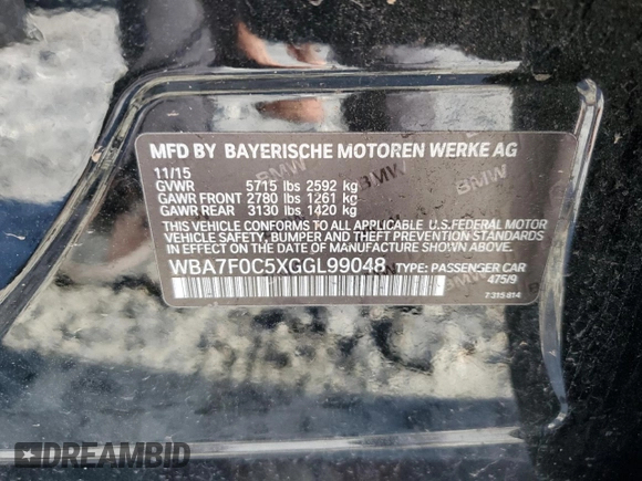 2016 BMW 7 Series 750i with VIN WBA7F0C5XGGL99048, listed as a Copart auction lot 84815364 with 96,743 mi miles and Salvage Title. Bid and sale history available at carsss.com. Image 12.
