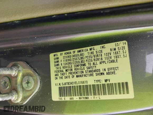 2014 Acura RDX with VIN 5J8TB3H31EL016870, listed as a IAAI auction lot 42626371 with Not provided miles and . Bid and sale history available at DreamBid. Image 9.