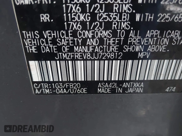 2018 Toyota RAV4 LE with VIN JTMZFREV8JJ729812, listed as a IAAI auction lot 41755640 with 43,630 mi miles. Bid and sale history available at carsss.com. Image 9.