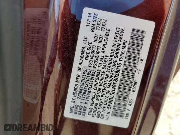2015 Honda Odyssey EX with VIN 5FNRL5H49FB038016, listed as a Copart auction lot 54004185 with 132,919 mi miles and Salvage Title. Bid and sale history available at DreamBid. Image 13.