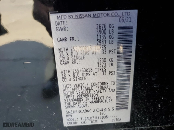 2022 Nissan Pathfinder SL with VIN 5N1DR3CA9NC204455, listed as a Copart auction lot 74389134 with 74,360 mi miles and Salvage Title. Bid and sale history available at carsss.com. Image 15.
