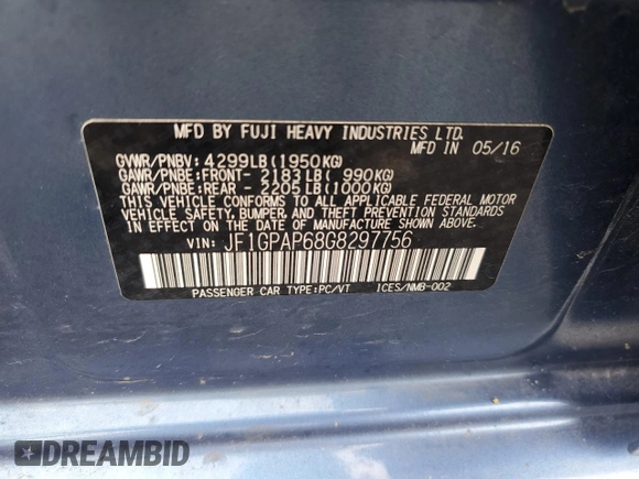 2016 Subaru Impreza Special Sports Premium z VIN JF1GPAP68G8297756, wystawiony jako Copart lot #55750085 z przebiegiem 79 610 mil mil oraz Szkoda całkowita • Salvage title. Historia ofert i sprzedaży dostępna na DreamBid. Obrazek 13.