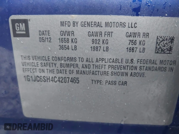 2012 Chevrolet Sonic LT with VIN 1G1JC6SH4C4207465, listed as a IAAI auction lot 42305717 with 118,858 mi miles and . Bid and sale history available at DreamBid. Image 9.
