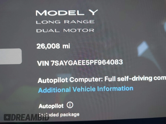 2023 Tesla Model Y Long Range with VIN 7SAYGAEE5PF964083, listed as a IAAI auction lot 41365919 with 26,008 mi miles and . Bid and sale history available at carsss.com. Image 9.