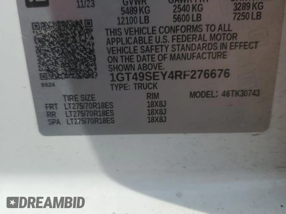 2024 GMC Sierra 3500HD Pro z VIN 1GT49SEY4RF276676, wystawiony jako Copart lot #73758974 z przebiegiem 17 307 mil mil oraz Szkoda całkowita • Salvage title. Historia ofert i sprzedaży dostępna na DreamBid. Obrazek 14.