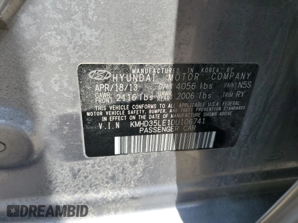 2013 Hyundai Elantra с VIN KMHD35LE1DU106741, выставлен на аукционе Copart как лот 57675065 с пробегом 86 445 миль миль и Чистый • Clean title. История ставок и продаж доступна на DreamBid. Изображение 12.