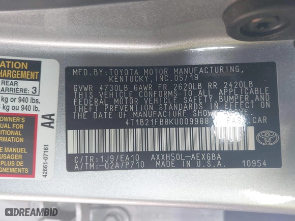 2019 Toyota Avalon Hybrid Limited with VIN 4T1B21FB8KU009988, listed as a IAAI auction lot 41424216 with 66,996 mi miles. Bid and sale history available at carsss.com. Image 9.