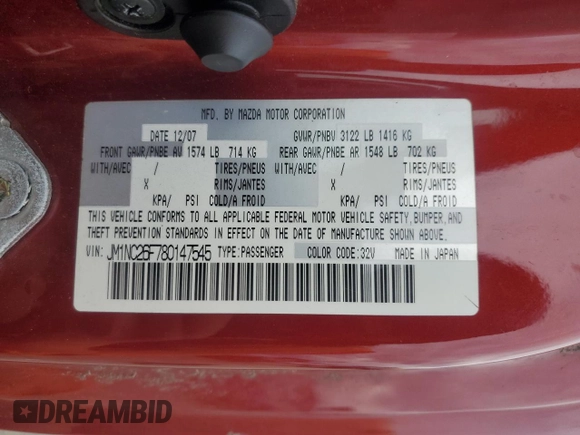 2008 Mazda MX-5 Miata Grand Touring z VIN JM1NC26F780147545, wystawiony jako Copart lot #51526915 z przebiegiem 85 178 mil mil oraz Szkoda całkowita • Salvage title. Historia ofert i sprzedaży dostępna na DreamBid. Obrazek 12.