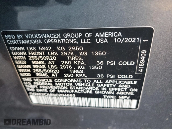2022 Volkswagen Atlas SE z VIN 1V2KE2CA8NC204883, wystawiony jako Copart lot #87085664 z przebiegiem 63 428 mil mil oraz Nie do naprawy • Non repairable. Historia ofert i sprzedaży dostępna na DreamBid. Obrazek 13.
