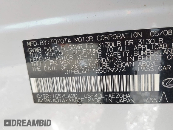 2008 Lexus LS 460 with VIN JTHBL46F185079274, listed as a IAAI auction lot 42219303 with 287,870 mi miles and . Bid and sale history available at DreamBid. Image 9.