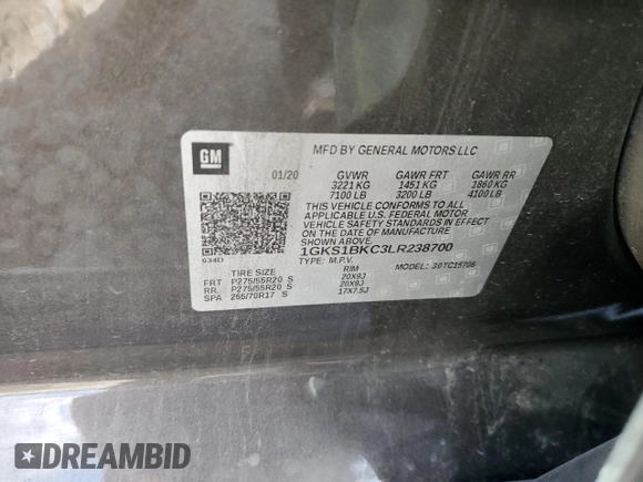 2020 GMC Yukon SLT with VIN 1GKS1BKC3LR238700, listed as a Copart auction lot 74897254 with 82,806 mi miles and Salvage Title. Bid and sale history available at DreamBid. Image 13.