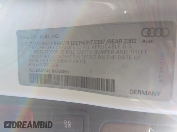 2017 Audi A4 Season of Audi ultra Premium with VIN WAUKMAF46HN050460, listed as a IAAI auction lot 41564088 with 126,988 mi miles. Bid and sale history available at carsss.com. Image 9.