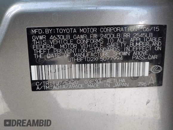 2015 Lexus IS 250 with VIN JTHBF1D2XF5077994, listed as a IAAI auction lot 41905643 with 86,977 mi miles and . Bid and sale history available at carsss.com. Image 9.