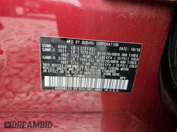 2019 Subaru Ascent Premium with VIN 4S4WMAFD2K3432570, listed as a Copart auction lot 57872895 with 44,939 mi miles and Salvage title. Bid and sale history available at DreamBid. Image 12.
