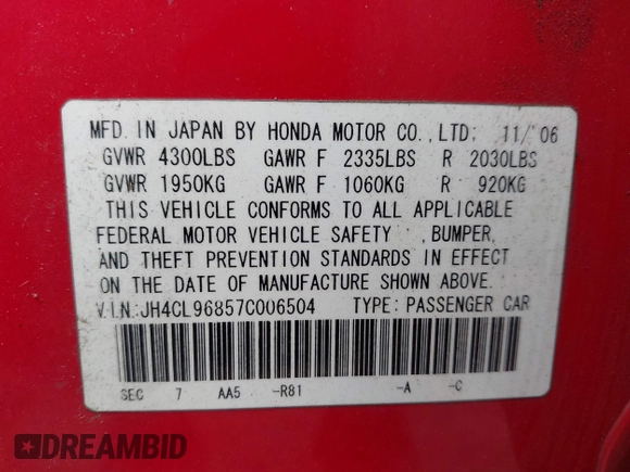 2007 Acura TSX with VIN JH4CL96857C006504, listed as a IAAI auction lot 42656315 with 181,301 mi miles and . Bid and sale history available at DreamBid. Image 9.