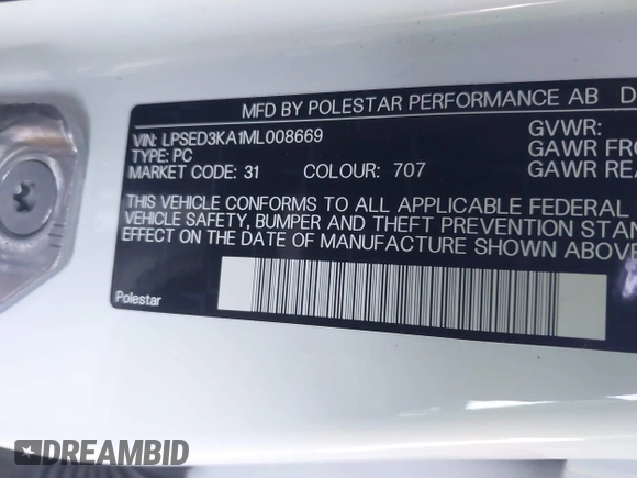 2021 Polestar 2 Launch Edition z VIN LPSED3KA1ML008669, wystawiony jako IAAI lot #41258973 z przebiegiem Nie podano mil oraz . Historia ofert i sprzedaży dostępna na DreamBid. Obrazek 9.