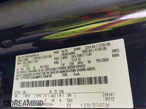 2021 Ford F-150 XL with VIN 1FTFW1CD4MFC76410, listed as a IAAI auction lot 41405983 with 79,768 mi miles and . Bid and sale history available at DreamBid. Image 9.
