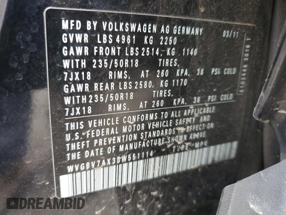 2011 Volkswagen Tiguan SE with VIN WVGBV7AX3BW551114, listed as a Copart auction lot 56016925 with 122,259 mi miles and Clean Title. Bid and sale history available at DreamBid. Image 12.