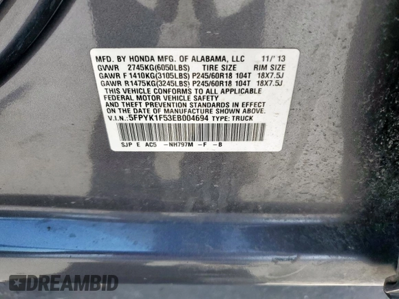 2014 Honda Ridgeline RTL z VIN 5FPYK1F53EB004694, wystawiony jako Copart lot #57222085 z przebiegiem 128 210 mil mil oraz Szkoda całkowita • Salvage title. Historia ofert i sprzedaży dostępna na DreamBid. Obrazek 12.