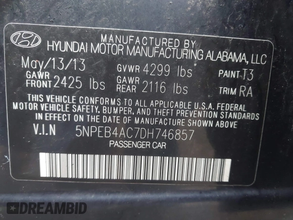 2013 Hyundai Sonata GLS with VIN 5NPEB4AC7DH746857, listed as a IAAI auction lot 41996644 with 134,049 mi miles and . Bid and sale history available at DreamBid. Image 9.