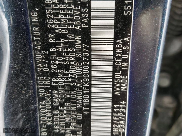 2012 Toyota Camry Hybrid XLE with VIN 4T1BD1FK9CU027377, listed as a Copart auction lot 49892425 with 162,746 mi miles and Salvage Title. Bid and sale history available at carsss.com. Image 12.