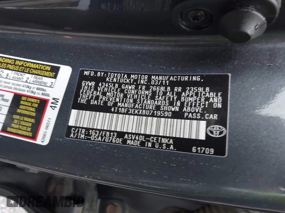 2011 Toyota Camry LE with VIN 4T1BF3EKXBU719590, listed as a IAAI auction lot 42007659 with 232,349 mi miles and . Bid and sale history available at DreamBid. Image 9.