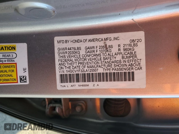 2020 Honda Accord Sport z VIN 1HGCV1F32LA125507, wystawiony jako Copart lot #45313695 z przebiegiem 78 837 mil mil oraz Szkoda całkowita • Salvage title. Historia ofert i sprzedaży dostępna na DreamBid. Obrazek 14.