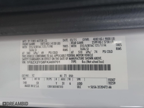 2015 Ford Transit Passenger Wagon XL with VIN 1FBZX2YG8FKA69701, listed as a Copart auction lot 43820545 with 170,551 mi miles and Clean Title. Bid and sale history available at carsss.com. Image 13.