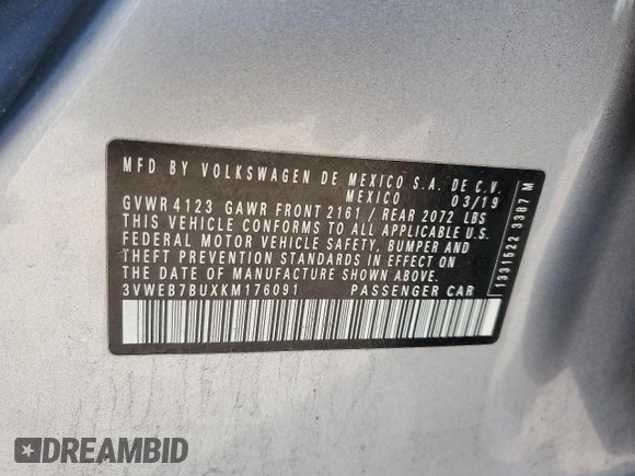 2019 Volkswagen Jetta SEL with VIN 3VWEB7BUXKM176091, listed as a Copart auction lot 54003955 with 178,682 mi miles and Salvage title. Bid and sale history available at DreamBid. Image 12.