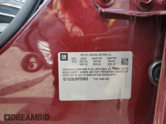 2015 Chevrolet Malibu LT with VIN 1G11C5SL5FF250820, listed as a Copart auction lot 50632935 with 20,491 mi miles and Salvage Title. Bid and sale history available at DreamBid. Image 12.
