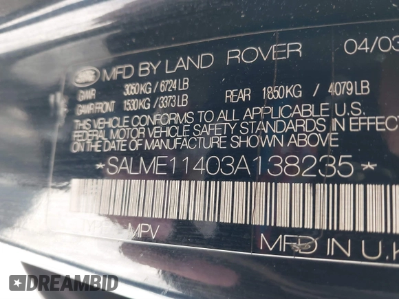 2003 Land Rover Range Rover HSE with VIN SALME11403A138235, listed as a IAAI auction lot 41586123 with 173,546 mi miles and . Bid and sale history available at DreamBid. Image 9.