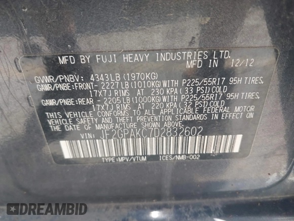 2013 Subaru Crosstrek Limited with VIN JF2GPAKC7D2832602, listed as a IAAI auction lot 42447247 with 153,229 mi miles and . Bid and sale history available at DreamBid. Image 9.