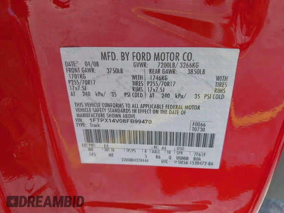 2008 Ford F-150 XLT z VIN 1FTPX14V08FB99470, wystawiony jako IAAI lot #42427568 z przebiegiem 124 076 mil mil oraz . Historia ofert i sprzedaży dostępna na DreamBid. Obrazek 9.