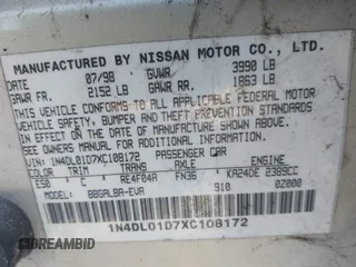 1999 Nissan Altima XE with VIN 1N4DL01D7XC108172, listed as a IAAI auction lot 41513029 with 192,958 mi miles. Bid and sale history available at carsss.com. Image 9.