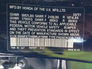 2021 Honda Civic Sport with VIN SHHFK7H48MU415898, listed as a IAAI auction lot 42130231 with 56,315 mi miles and . Bid and sale history available at DreamBid. Image 9.